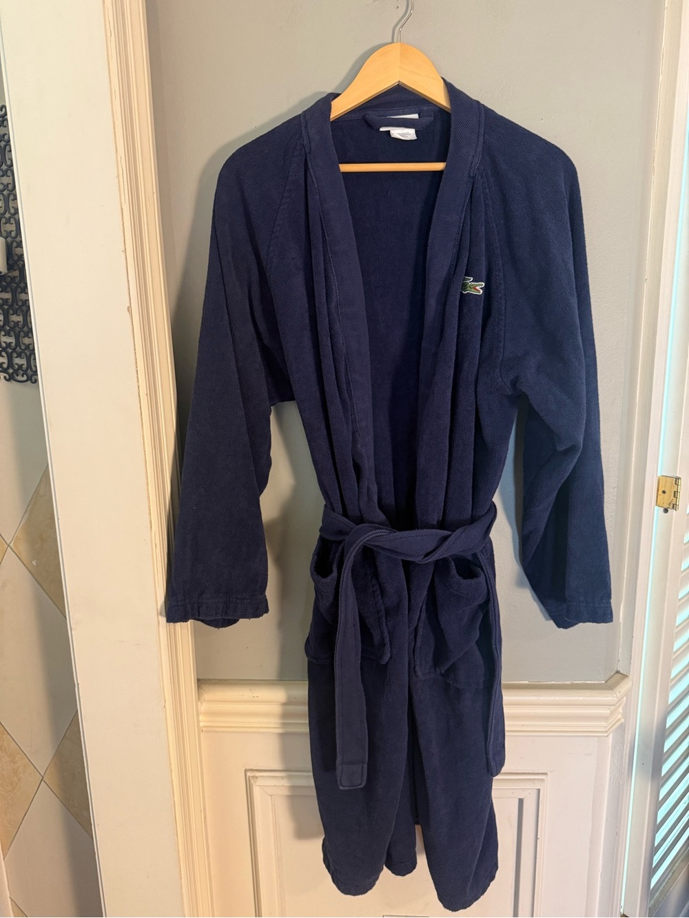 Lacoste Navy Cotton Terry Cloth Bath Robe Belted Unisex One Size
